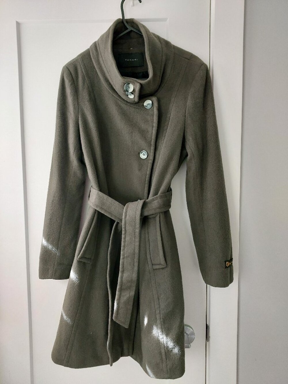 Tahari Dark Green 100% Wool Stand Collar Coat